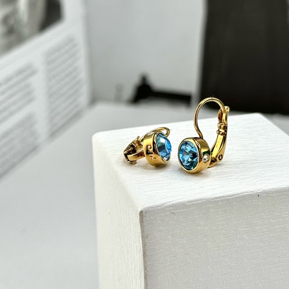 Aquamarine And Clear Crystal Hook Gold Earrings - Picture 3 of 6